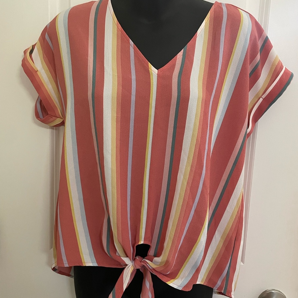 Peach/pink/white/yellow Striped Blouse with tie